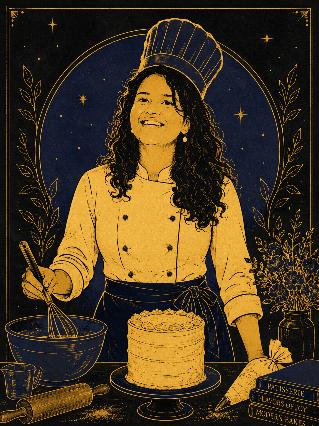 Illustration of Pari Darmora as a chef, in golden and indigo line-art